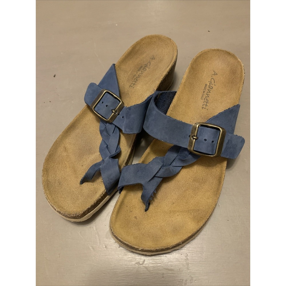 A‎ Giannetti Blue Leather Cork Wedge Sandals Womens Size 6.5  Made In Italy